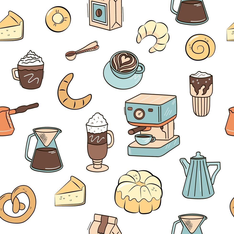 Bakery, coffee shop, cafe white background. Seamless color pattern in doodle contains coffee, fresh pastries. vector