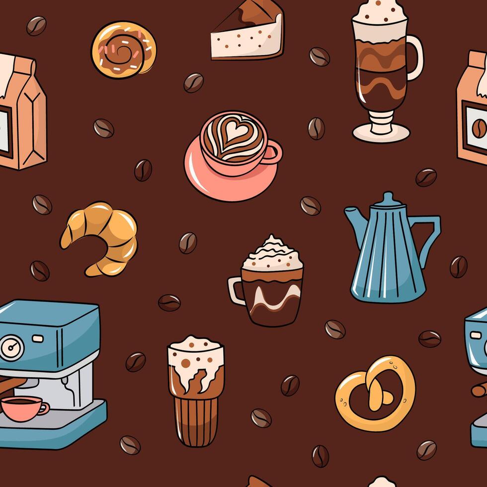 Coffee shop and bakery cute brown seamless pattern. Background. Print for packaging, fabric. vector