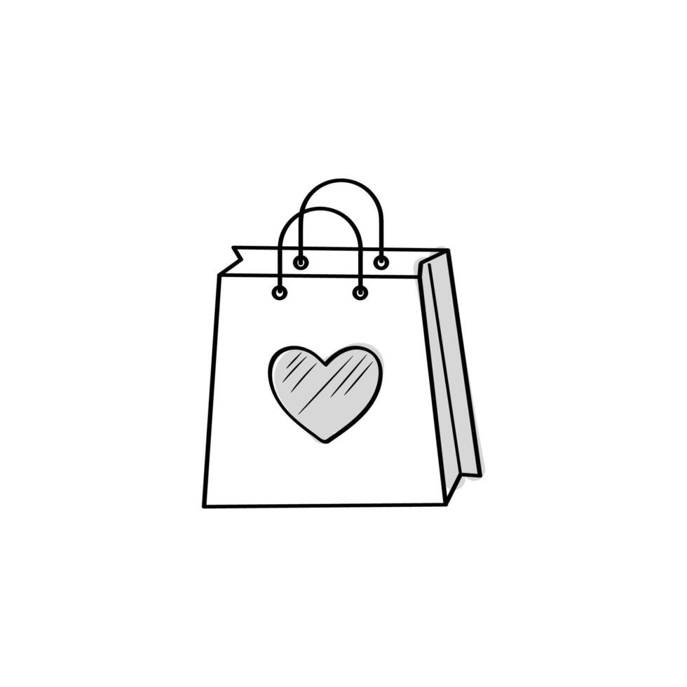 Bag shopping heart sign. Favorite store, favorites, like. Cute icon in doodle style on white background. vector