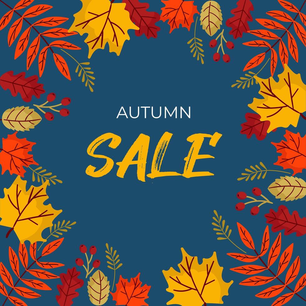 Autumn Sale. Leaves and berries on blue background. Seasonal template. Background. vector