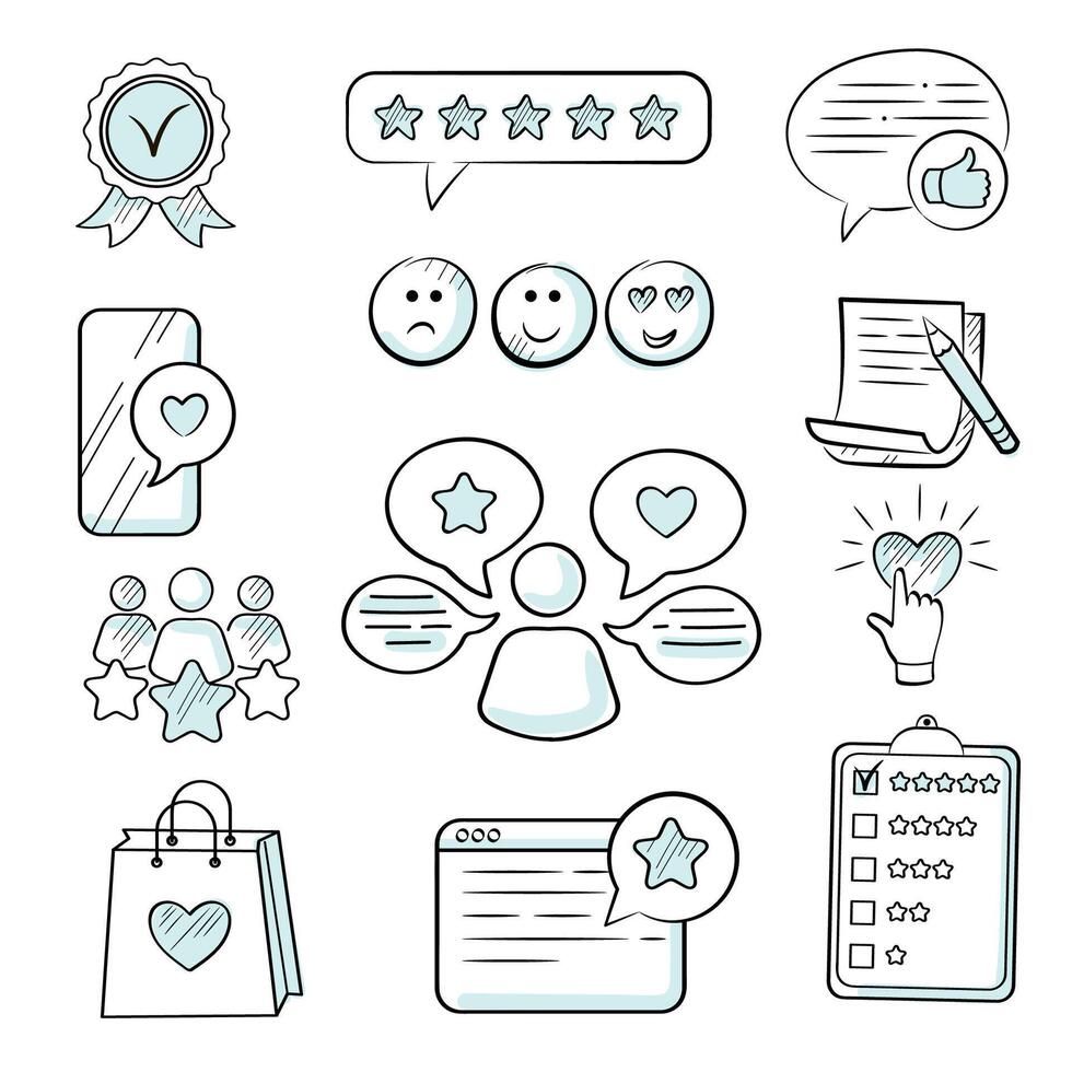 Feedback, review, rating, five stars, like. Blue color set of doodle-style icons. vector