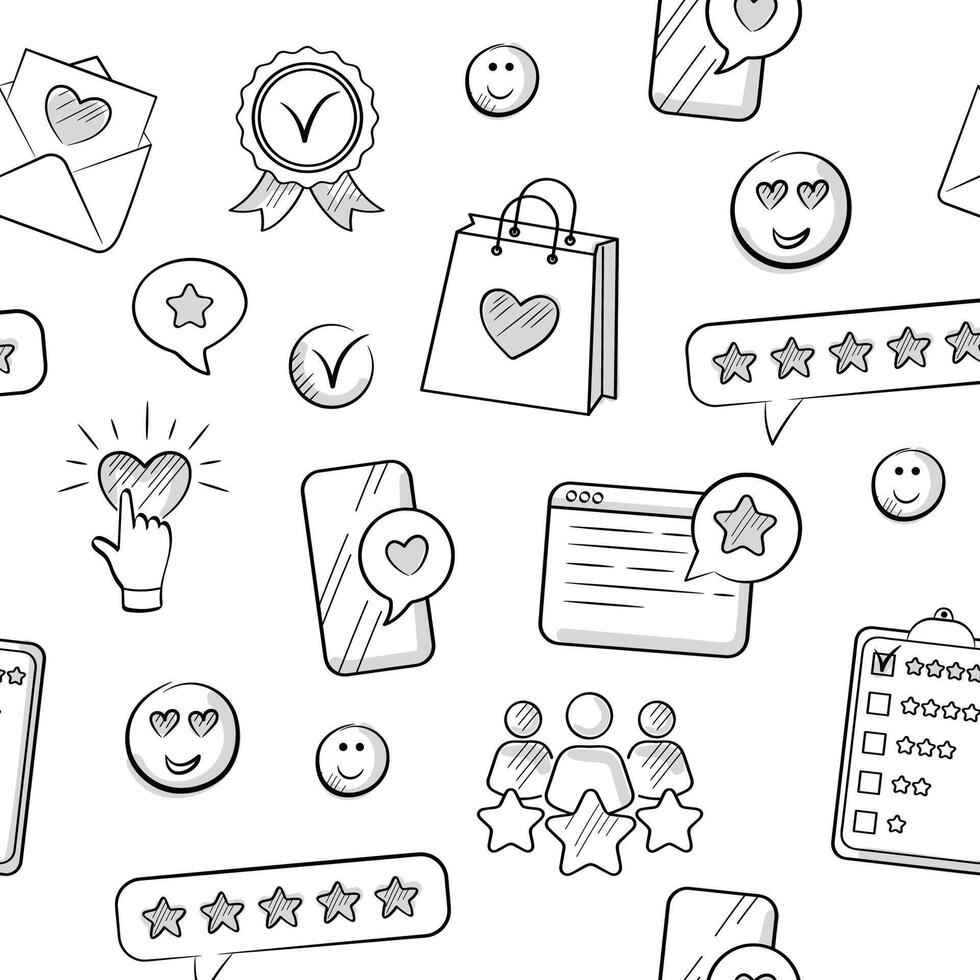 Feedback, review, rating, five stars, like. Cute doodle-style seamless pattern on white background. vector