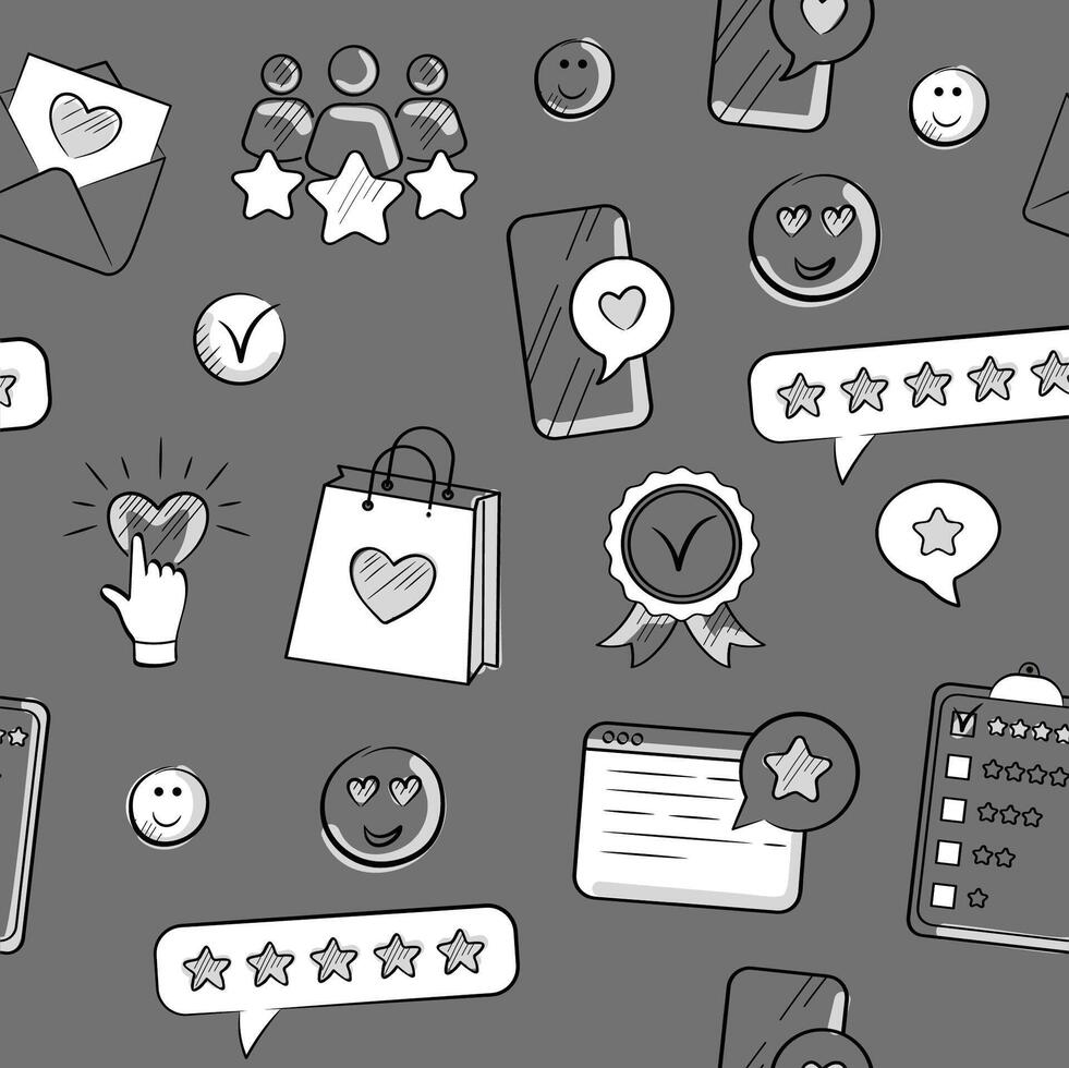 Feedback, review, rating, five stars, like. Cute doodle-style seamless pattern on gray background. vector