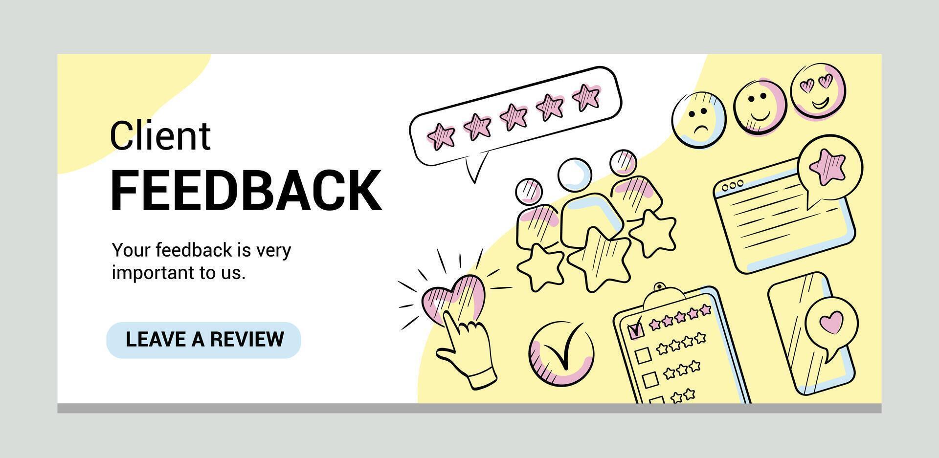 Feedback or review banner template. Rating, five stars, like doodle icons. vector