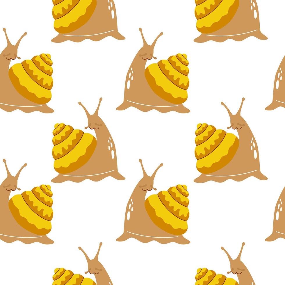 Seamless pattern of cute snails. Cute characters on white background. Beautiful trendy background for packaging, fabric, wallpaper. vector