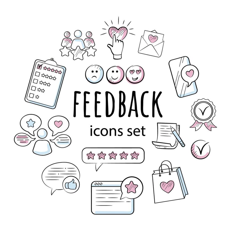 Feedback color set of doodle-style icons. Review, rating, five stars, like. vector