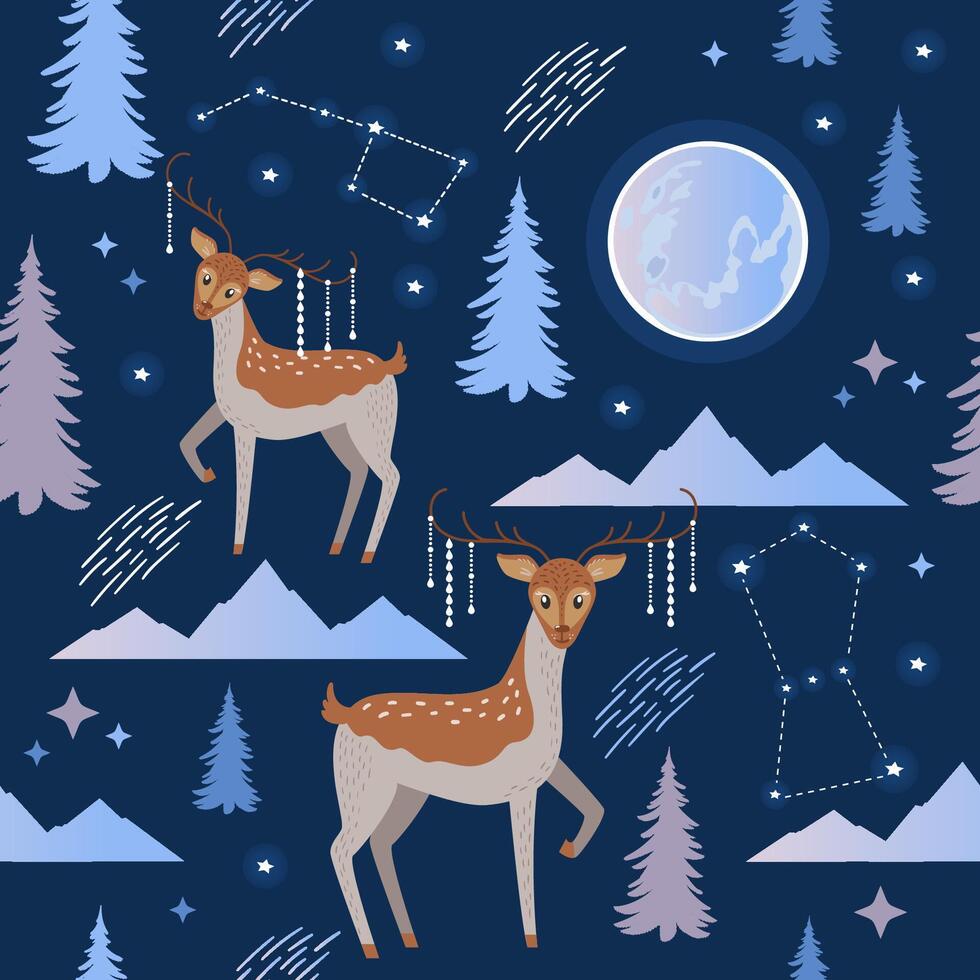 Beautiful sempless pattern with cute deers, fir trees, mountains and the Moon on dark blue background. Winter wrapping paper with animals. vector