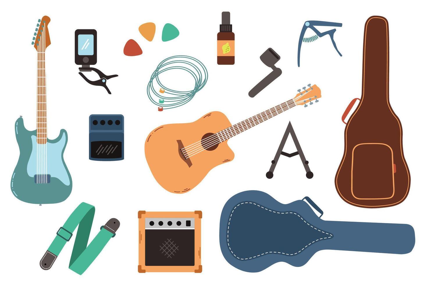 Electric guitar, acoustic guitar and accessories. Big set - capo, case, belt, picks, strings. Illustrations in flat style. vector