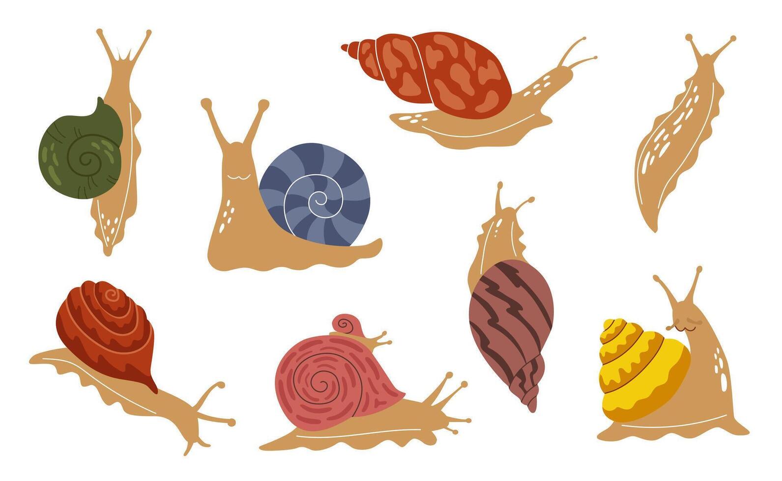 Set of snails of different colors and shapes. Cute characters in cartoon style on a white background. Collection of illustrations. vector