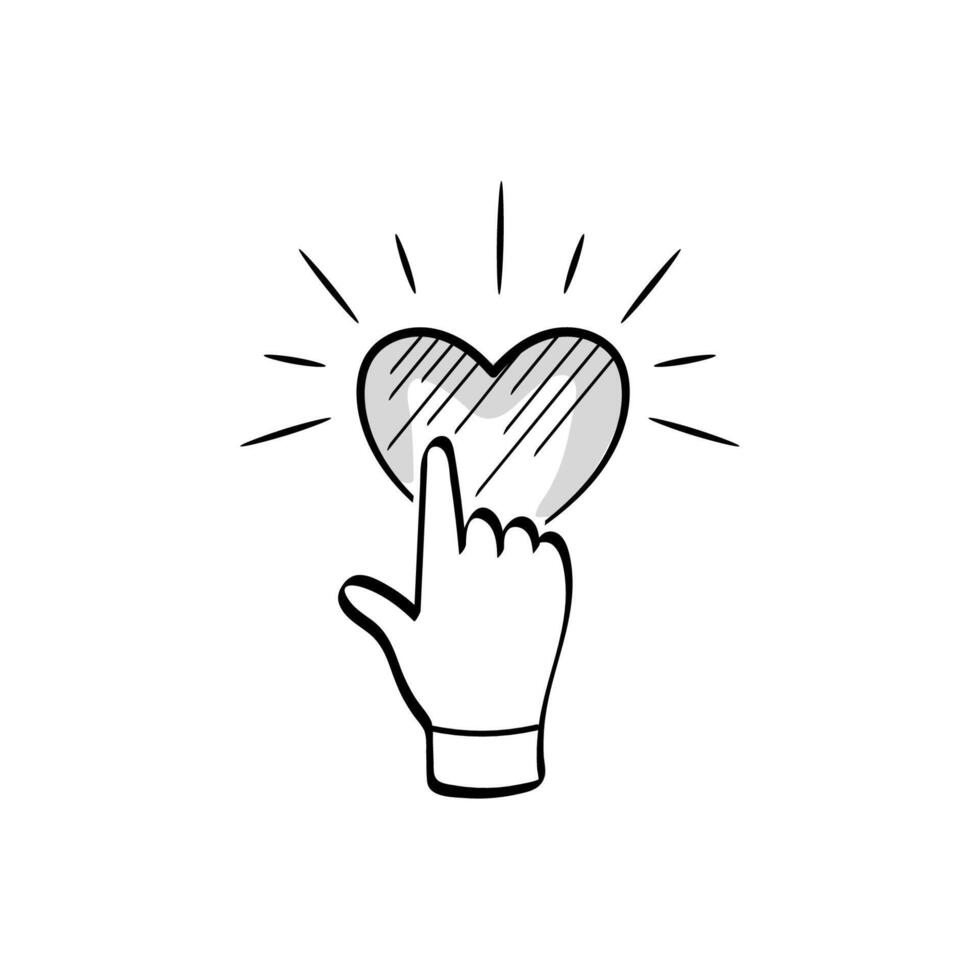 The hand presses on the heart. Like button. Online activity. Doodle icon. vector