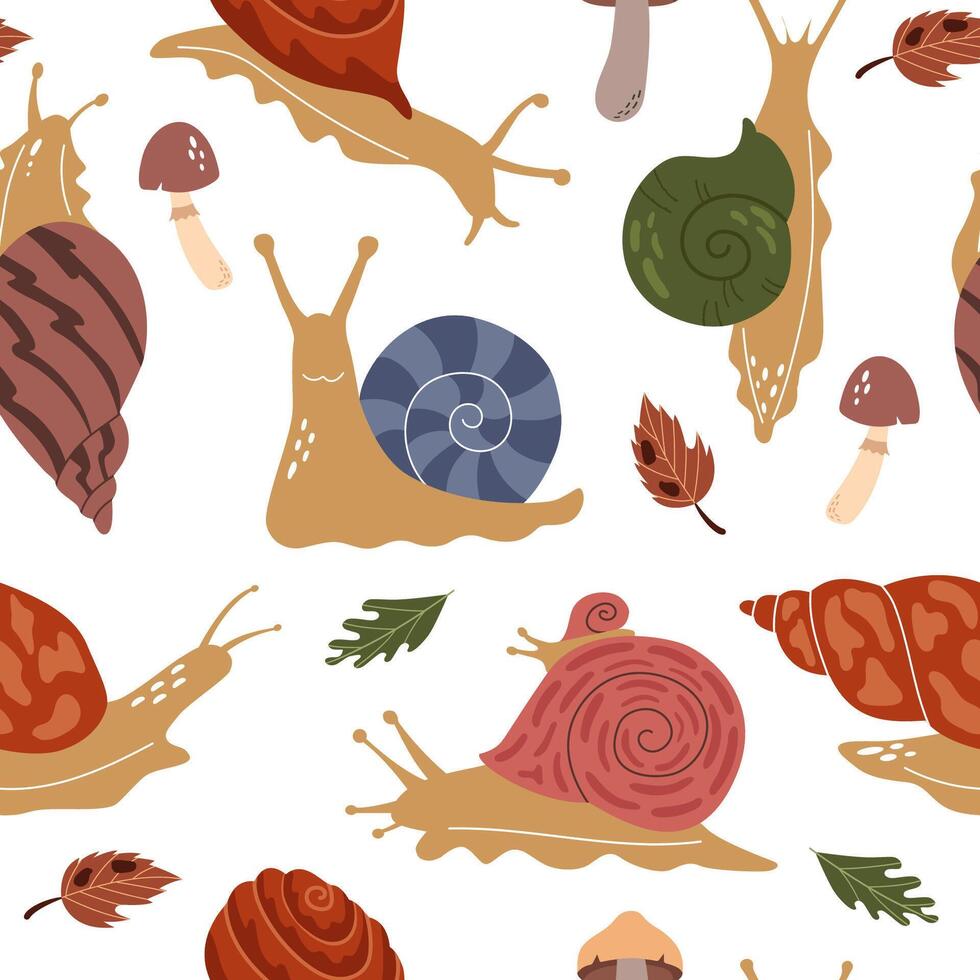 Seamless pattern of snails, leaves and mushrooms. Cute characters on white background. Beautiful trendy background for packaging, fabric, wallpaper. vector