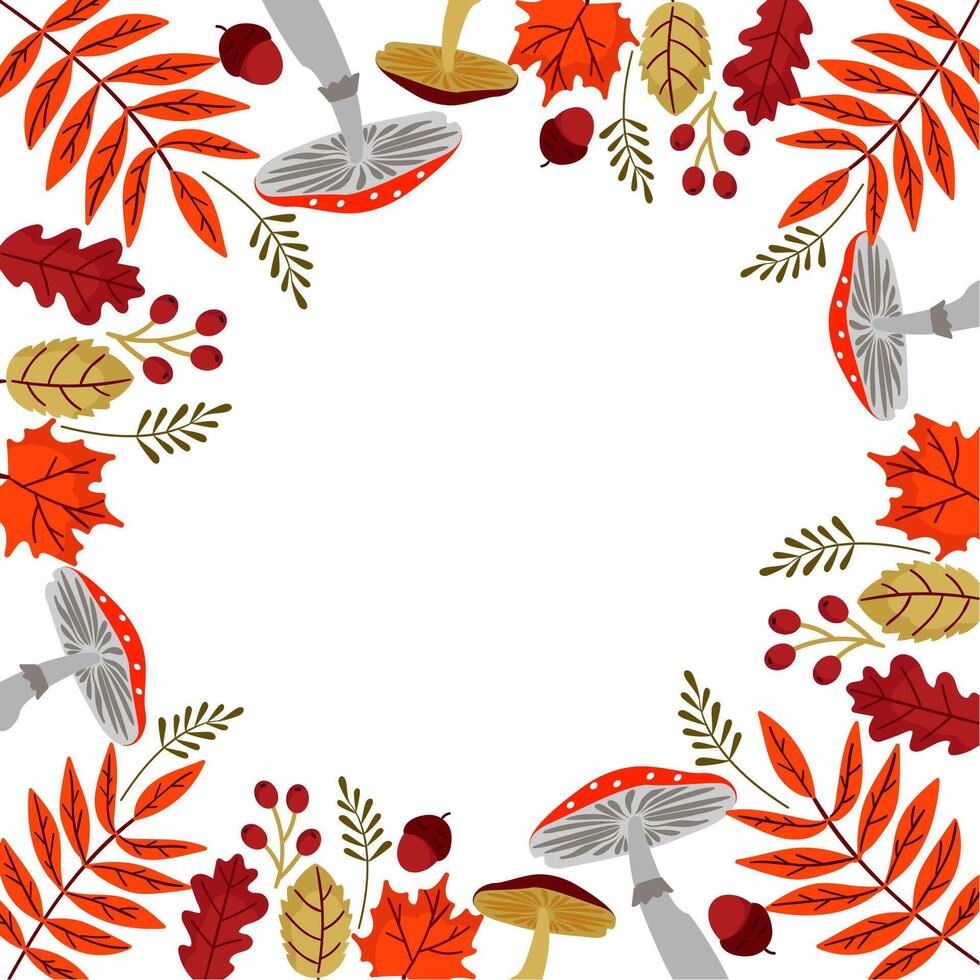 Autumn card border frame. Colorful autumn leaves, mushrooms and berries. Decorative greeting card. vector