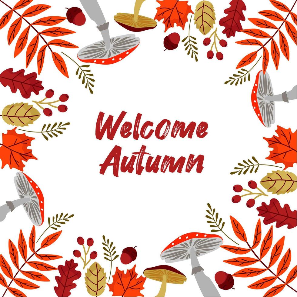 Autumn greeting card border frame. Colorful autumn leaves, mushrooms and berries. Decorative greeting card. vector