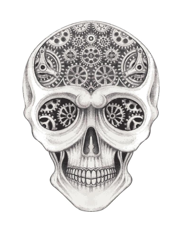 Steampunk skull tattoo design by hand drawing on paper. vector
