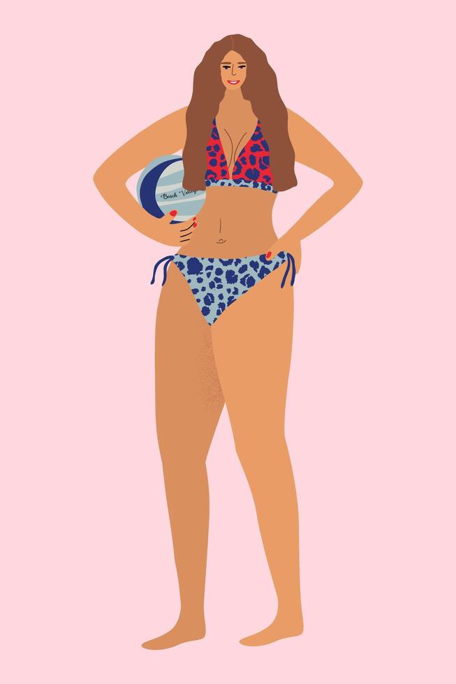 playa vóleibol. niña con un pelota en un leopardo impresión traje de baño. playa vóleibol jugador. playa Deportes actividad en verano tiempo. vacaciones ocio, recreación, deporte. plano ilustración. vector