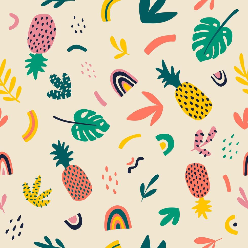 Cute seamless pattern with pineapple, monstera leaves, tropical leaves, rainbow, dots. Stylish hawaiian hand drawn pattern. Kids pattern in scandinavian style. vector