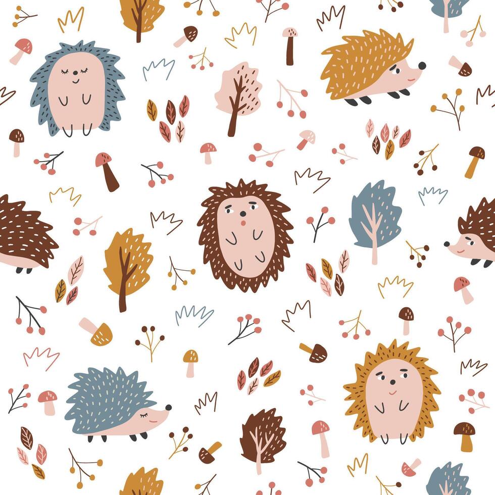 Seamless autumn pattern with hedgehog, mushrooms and leaves. Creative scandinavian background. Perfect for kids apparel, fabric, textile, nursery decoration, wrapping paper. Illustration. vector