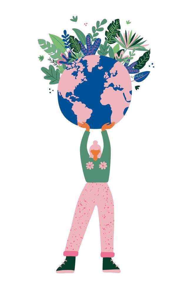 joven mujer sostiene planeta tierra con cuidado y amor. tierra día. ilustración para póster, tarjeta, volantes, bandera. ambiente conservación y energía ahorro concepto. vector