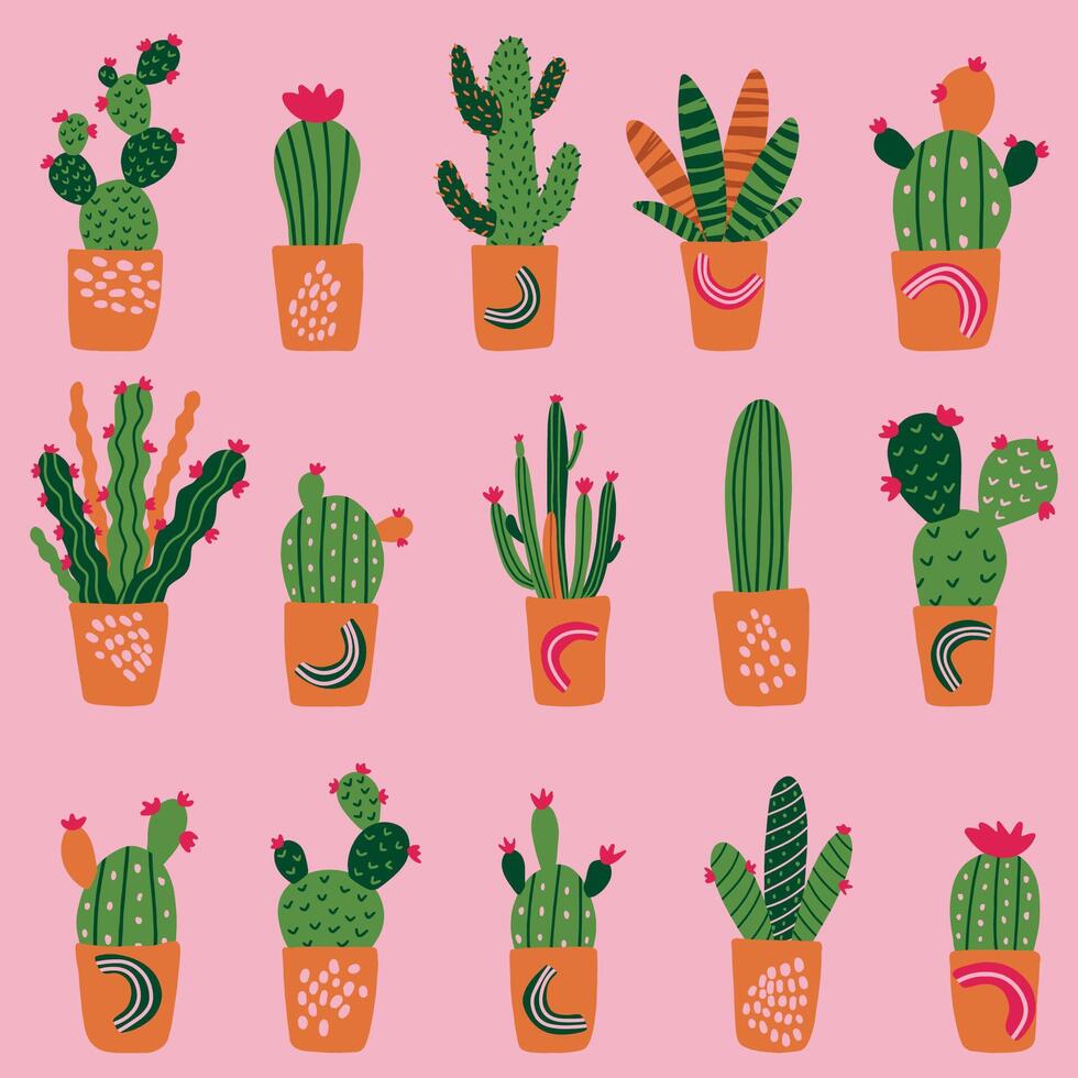 seamless pattern with different cactus in pots. Bright repeated texture with green cacti. Hand drawing natural background with desert plants for fabric, textile, wrapping paper. vector