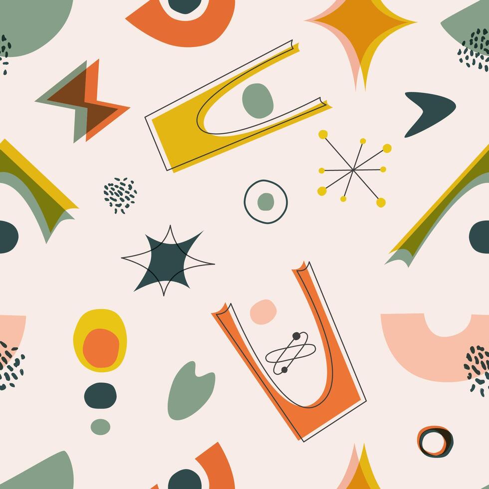 Mid-Century Modern Wallpaper Pattern, Seamless 60s Background, 1960s Repeating Backdrop, Design for wallpaper, background, wall decor, cover, print, card, branding, wrapping paper. vector