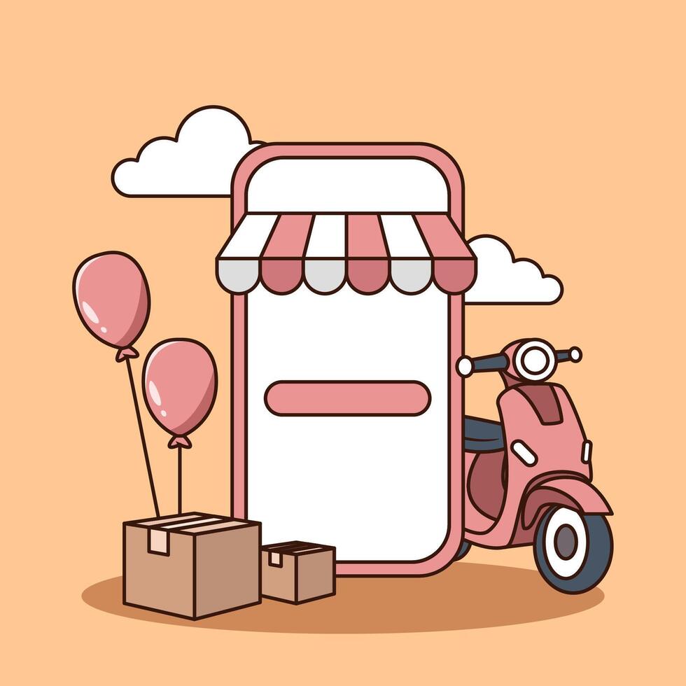 Mobile market with motorcycle and boxes balloons vector
