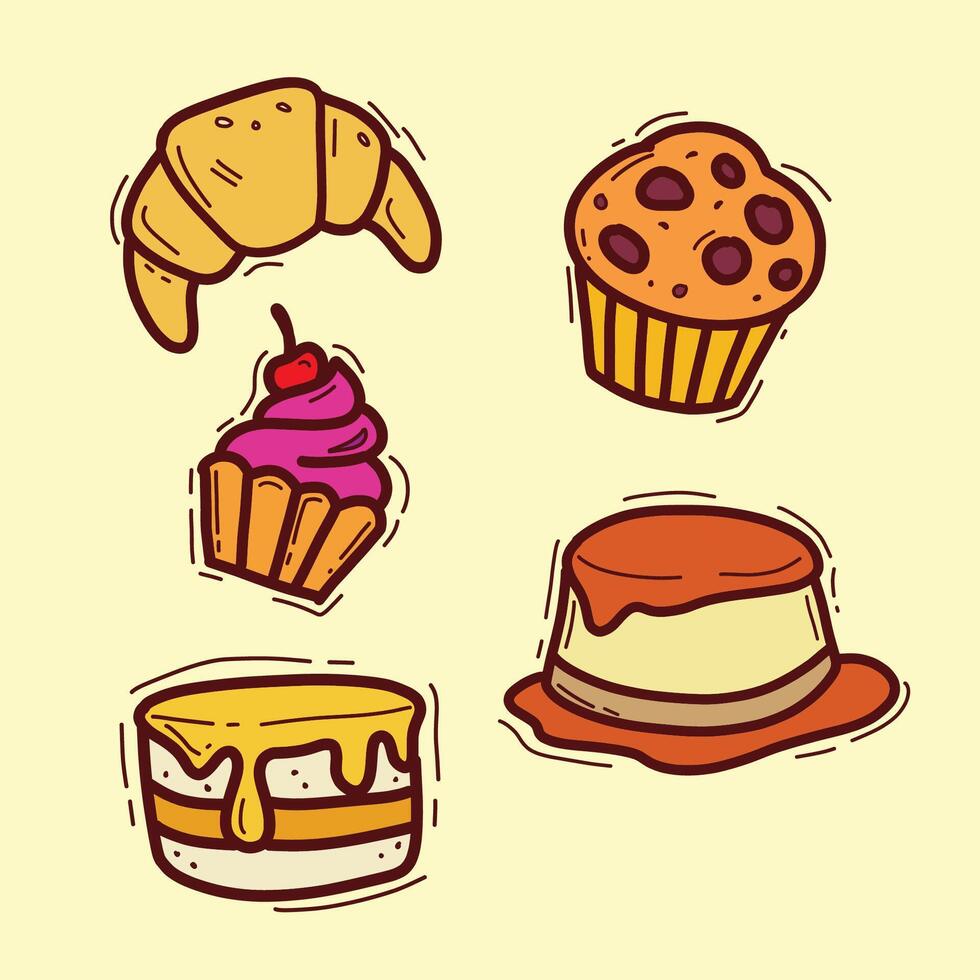 free hand drawn set of pastries doodles vector