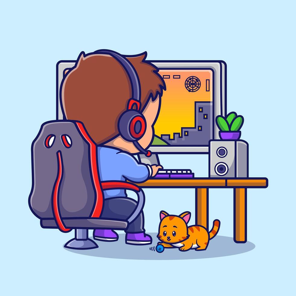 Cute Boy Gamer Playing Game On Computer Cartoon vector