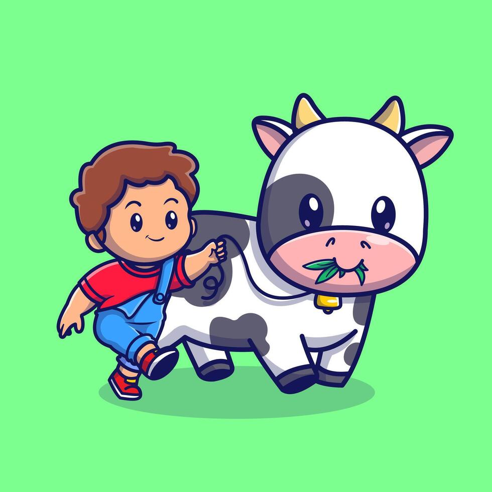 Cute Boy Walking With Cow Cartoon vector