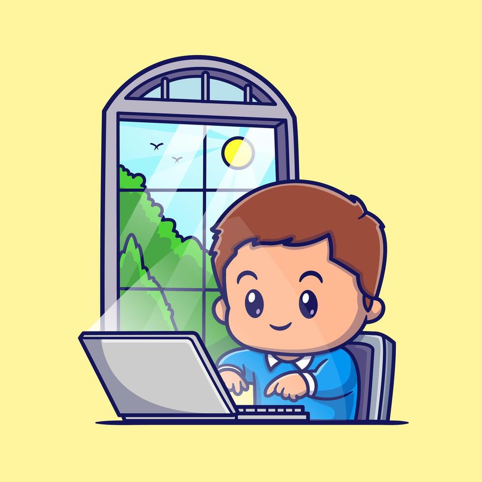 Cute Boy Working On Lapop Cartoon vector