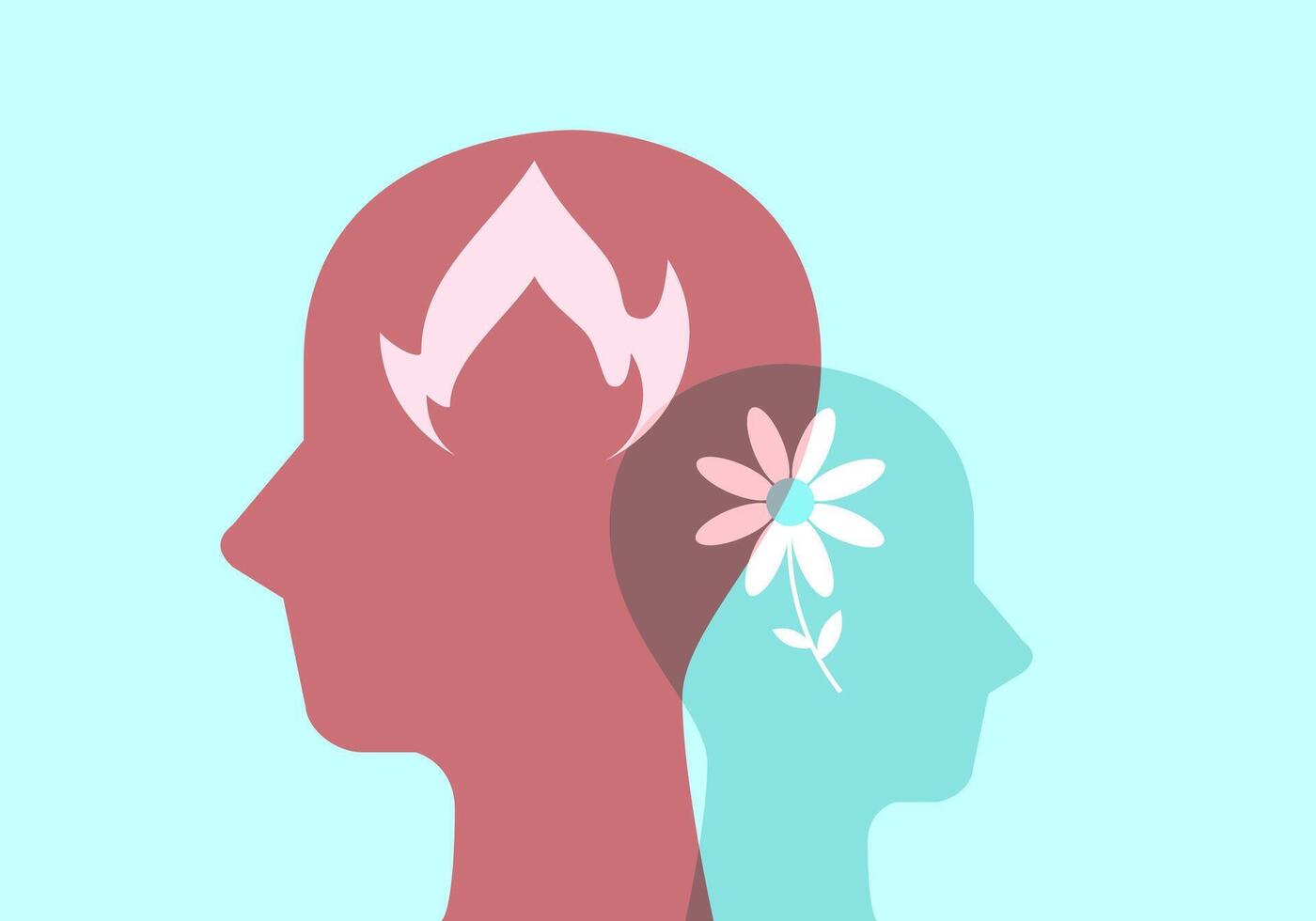 Head sign with fire and flower symbol. Problem resolve control. Metaphor mind mental. Split personality. Concept Psychology. Dual personality mind. Mental health. vector