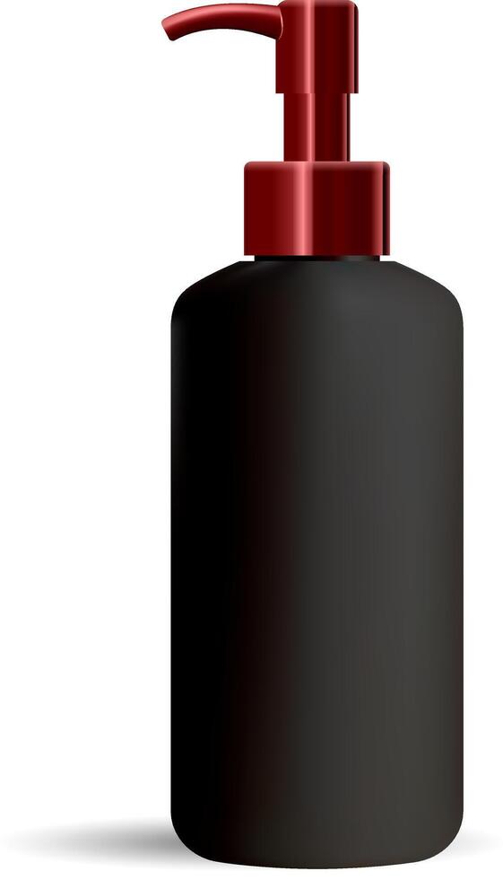 Black matt cleanser dispenser pump bottle with glossy red lid. Cosmetic package mockup. illustration design template. vector