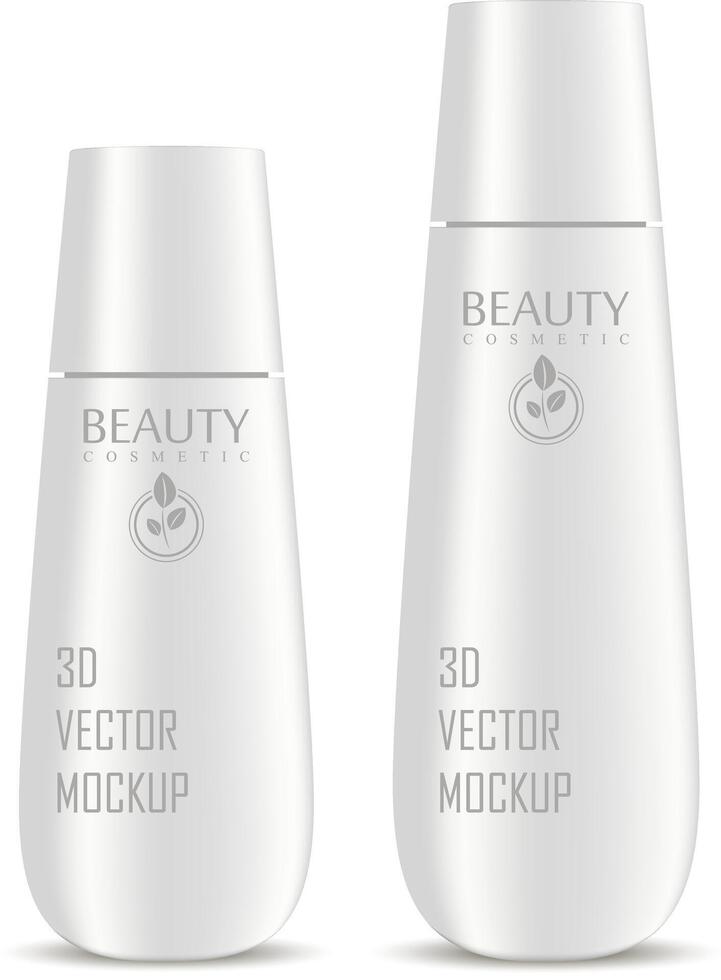 Cosmetic bottles mockup set for shampoo, moisturizer, conditioner or shower gel. Silver plastic realistic 3d illustration of cosmetics package with lid. Clear blank template for your design. vector