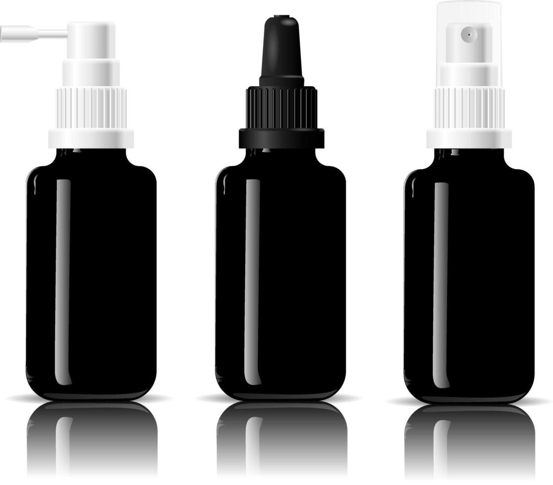 Realistic black glossy glass or plastic medical bottles set dropper dispenser spray. Mockup template for serum and other cosmetics or medical products. illustration. vector