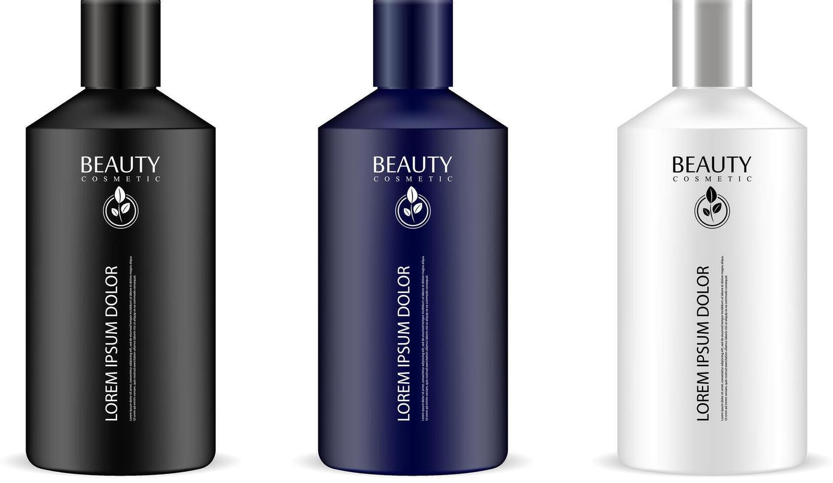 Cylindrical cosmetic bottles in one set. Cosmetics jar packaging mockup for shampoo,shower gel, lotion, hair mask, liquid soap. Black, white and dark blue containers illustration. vector