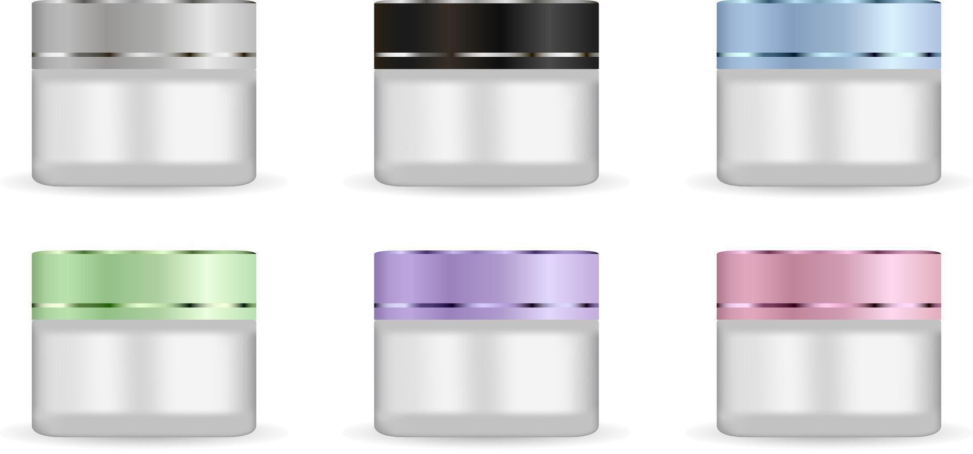 Round white matt glass jars set with different color plastic lids for cosmetics - body cream, butter, scrub, bath salt, gel, skin care, powder. Realistic 3d packaging mockup template. vector