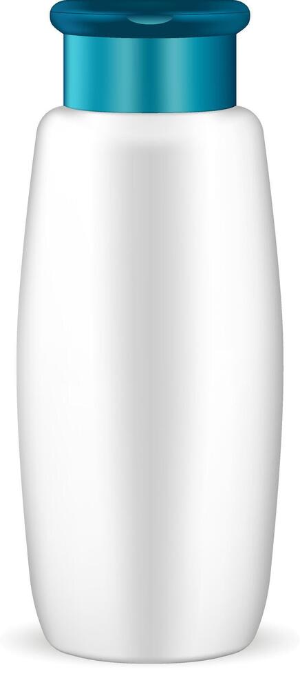 White shampoo cosmetic bottle mockup. Realistic 3d illustration of round cosmetics package with blue lid. Clear blank template for your design. vector