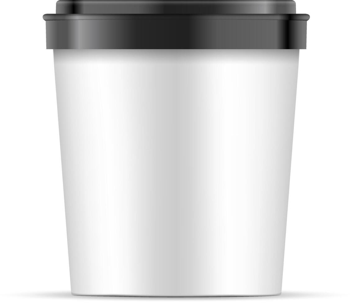 abierto blanco papel o el plastico taza con negro tapa para postre, yogur, hielo crema, agrio crema o bocadillo. tina comida envase ilustración aislado en blanco antecedentes. burlarse de arriba modelo Listo para tu diseño vector