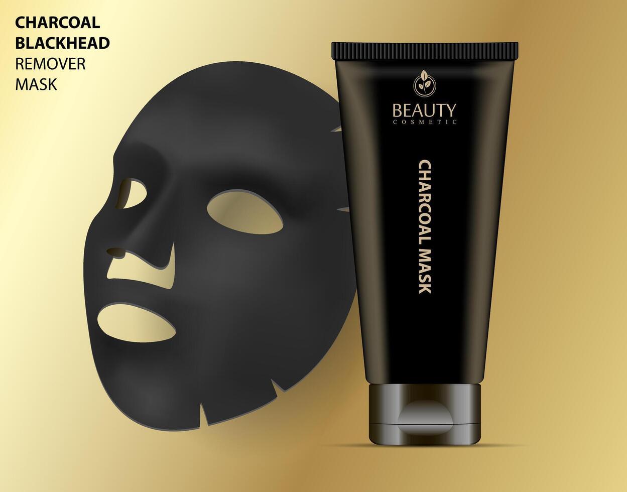 Facial cosmetic charcoal blackhead remover mask with tube. Realistic illustration. Package design for face mask isolated on grey background. vector