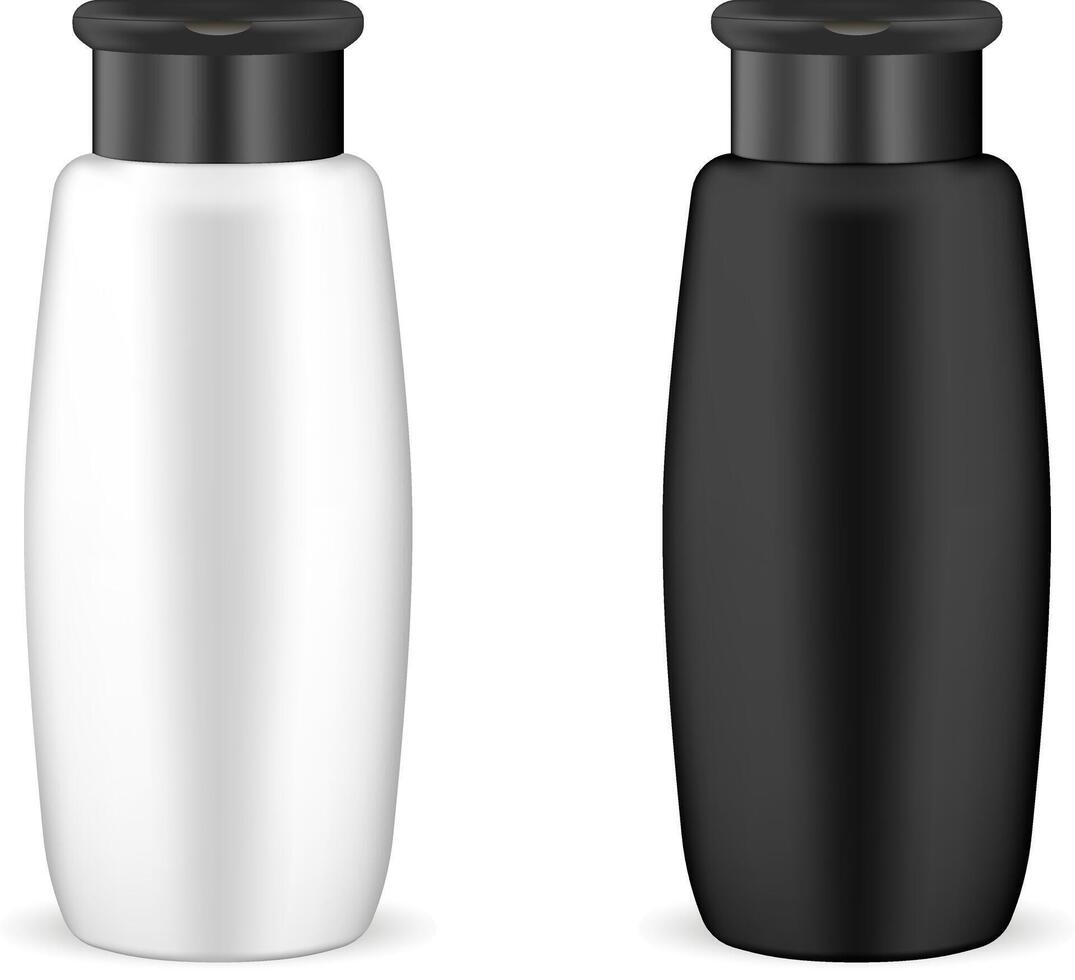 Black and white shampoo cosmetic bottles mockup set. Realistic 3d illustration of round cosmetics package with black lid. Clear blank template for your design. vector