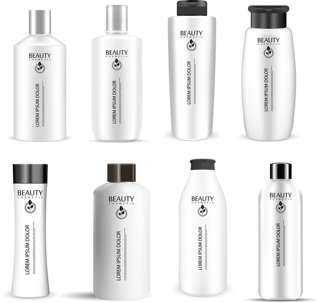 White cosmetic bottles mockup set. Different shapes packaging for shampoo, shower gel, lotion, hair mask, balm with white and black caps. EPS isolated on white background. vector