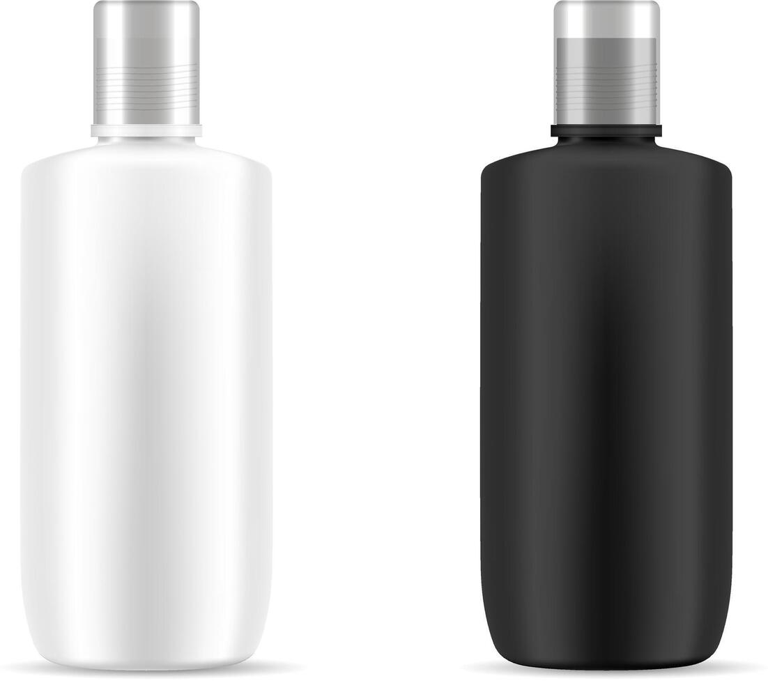 Black and white shampoo cosmetic bottles mockup. Realistic 3d illustration of cosmetics package with silver lid. Clear blank template for your design. vector