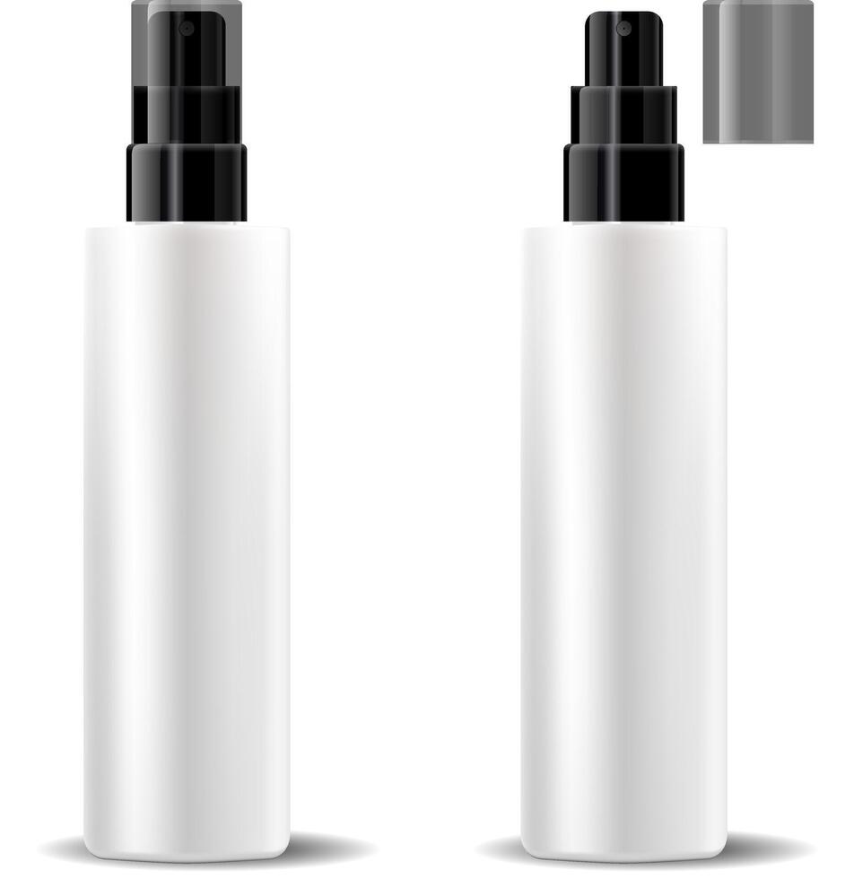 White plastic bottles set with glossy black dispenser spray pump lid. Sprayer Liquid container for gel, lotion, cream, serum, base. Beauty cosmetics product package. illustration. vector