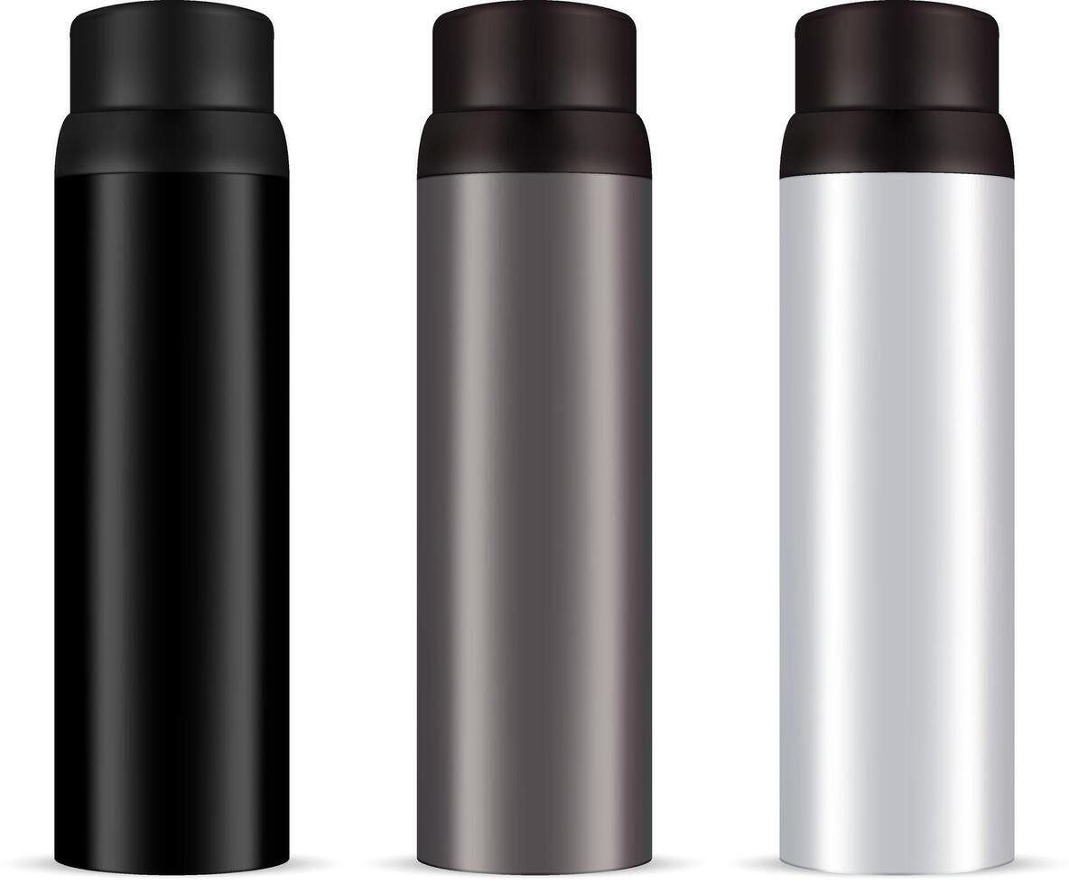de los hombres desodorante rociar aluminio lata conjunto en negro, ligero gris y marrón color. 3d cosmético botellas con redondo tapas. ilustración, aislado en antecedentes. vector