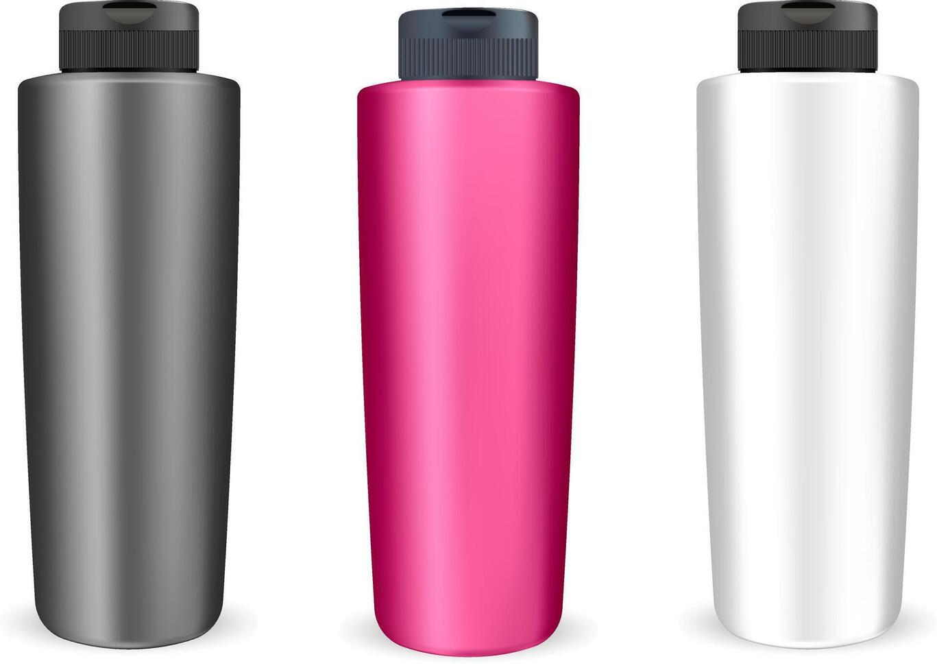 Original bath cosmetics product bottle mockup. Packaging for shampoo, shower gel, hair mask. Three color design set black and white mode and red vector