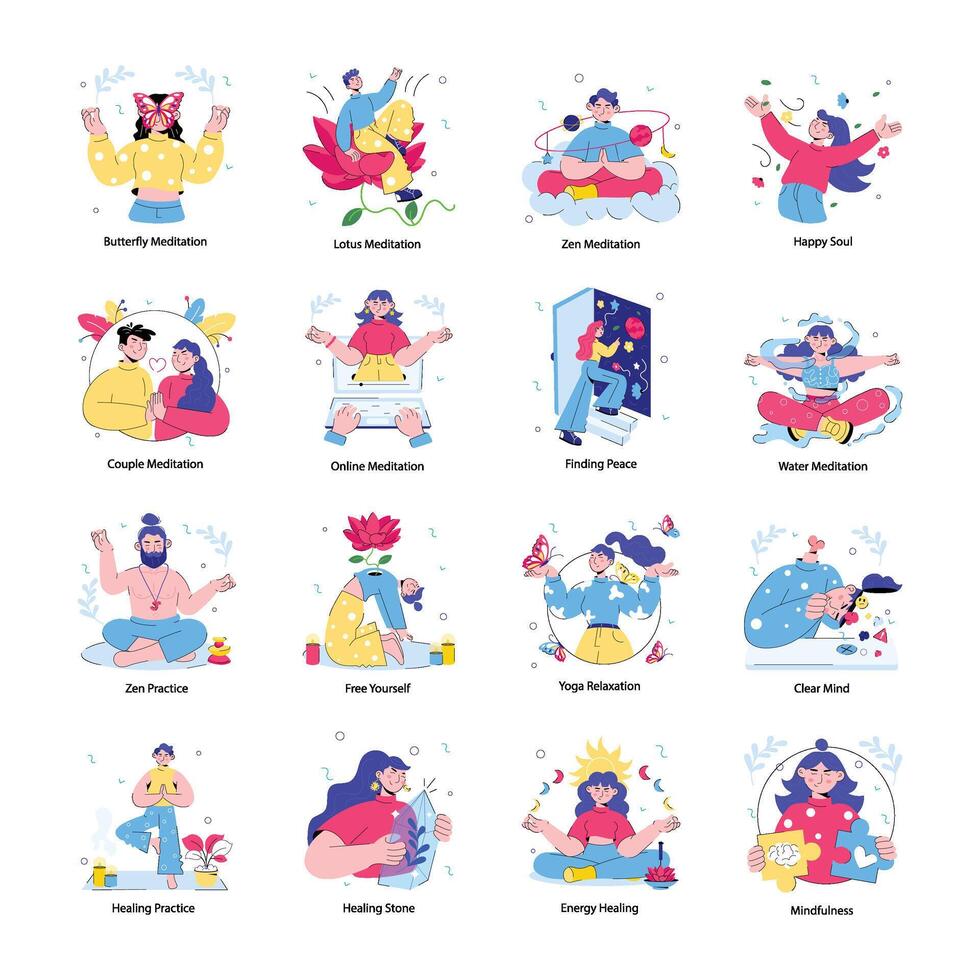 Modern Doodle Mini Illustrations Depicting Zen Practices vector