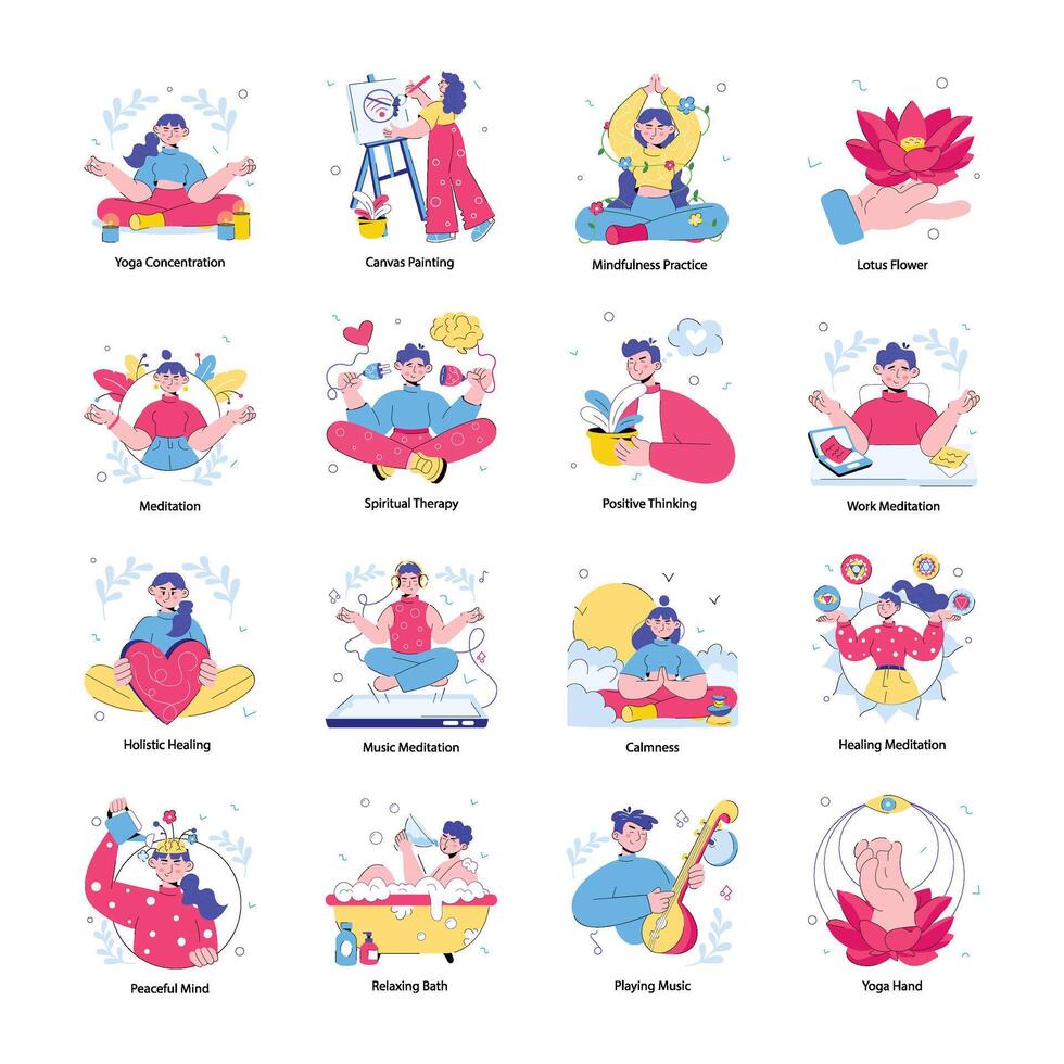 Set of Meditation Doodle Mini Illustrations vector