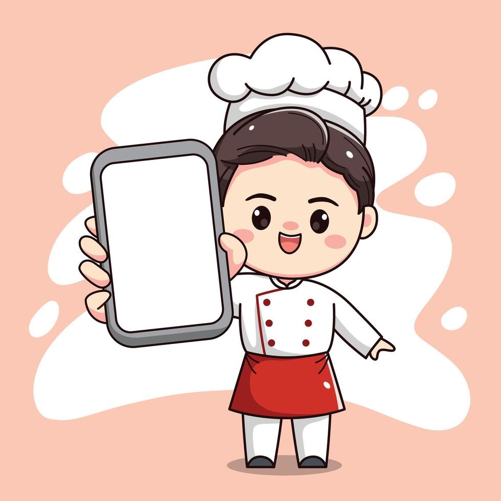 linda cocinero chico personaje con demostración teléfono inteligente vector