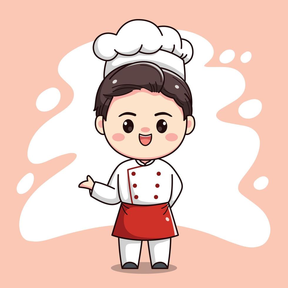 Cute chef boy character with welcoming hand vector