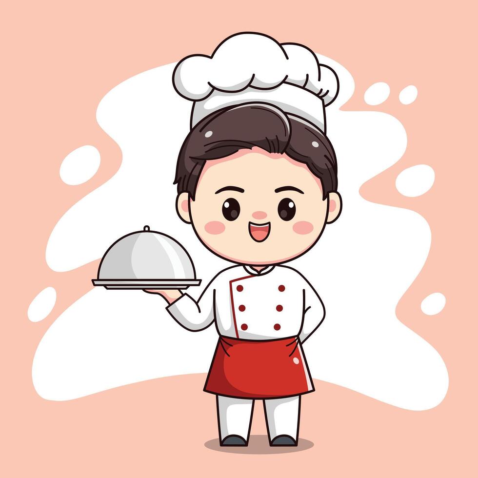cute chef boy character with bringing food vector