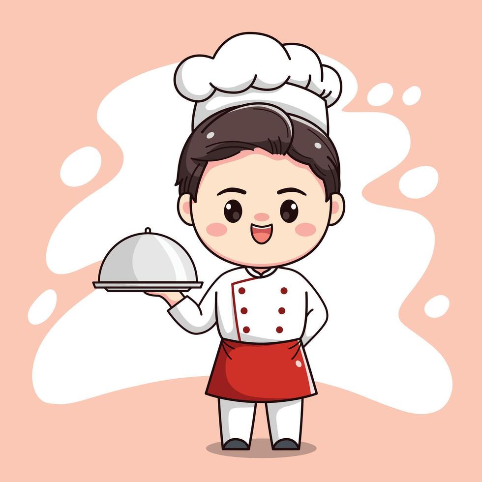 linda cocinero chico personaje con trayendo comida vector